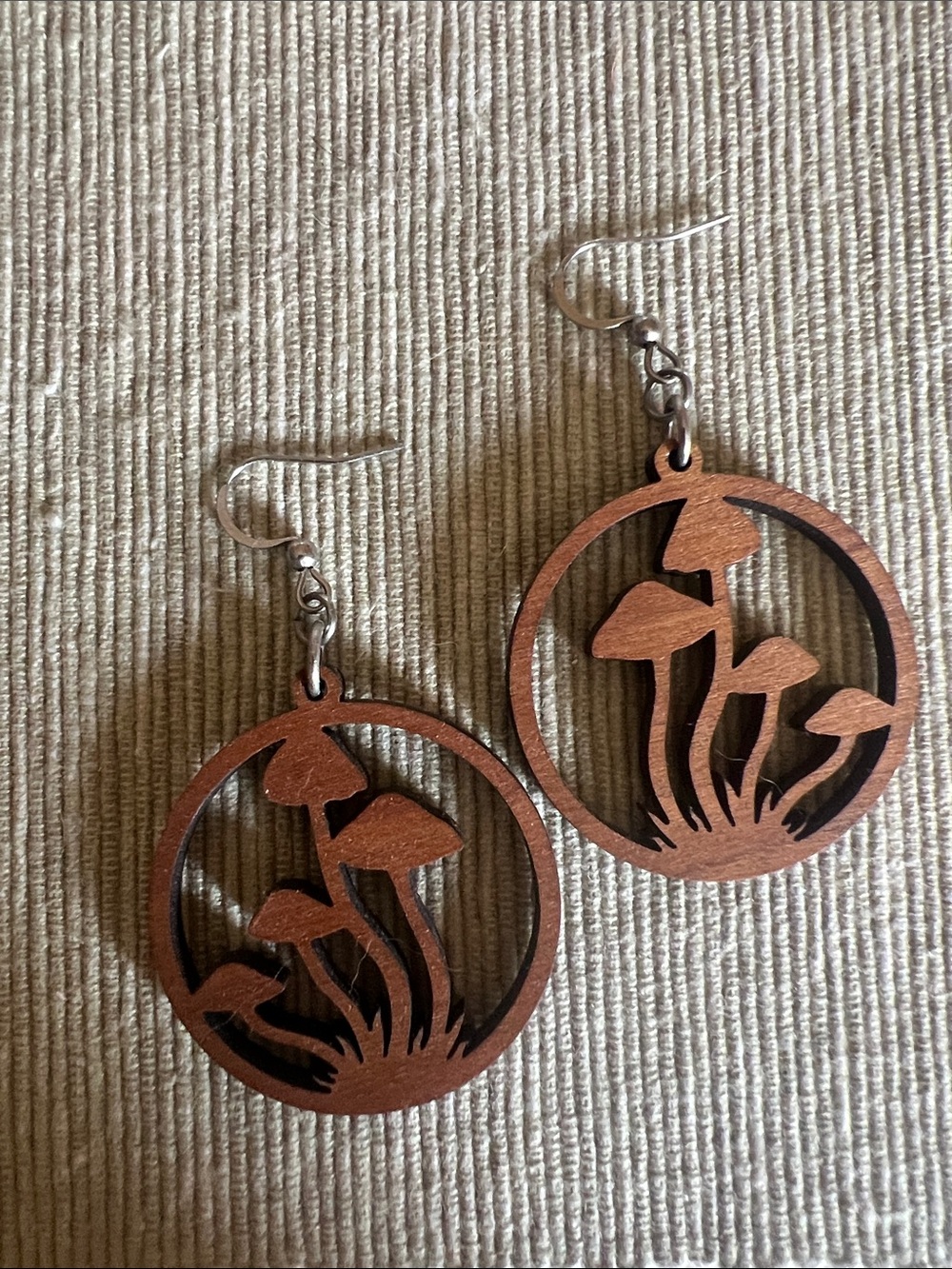 Wooden Mushroom Circle Dangle Earrings - Brown